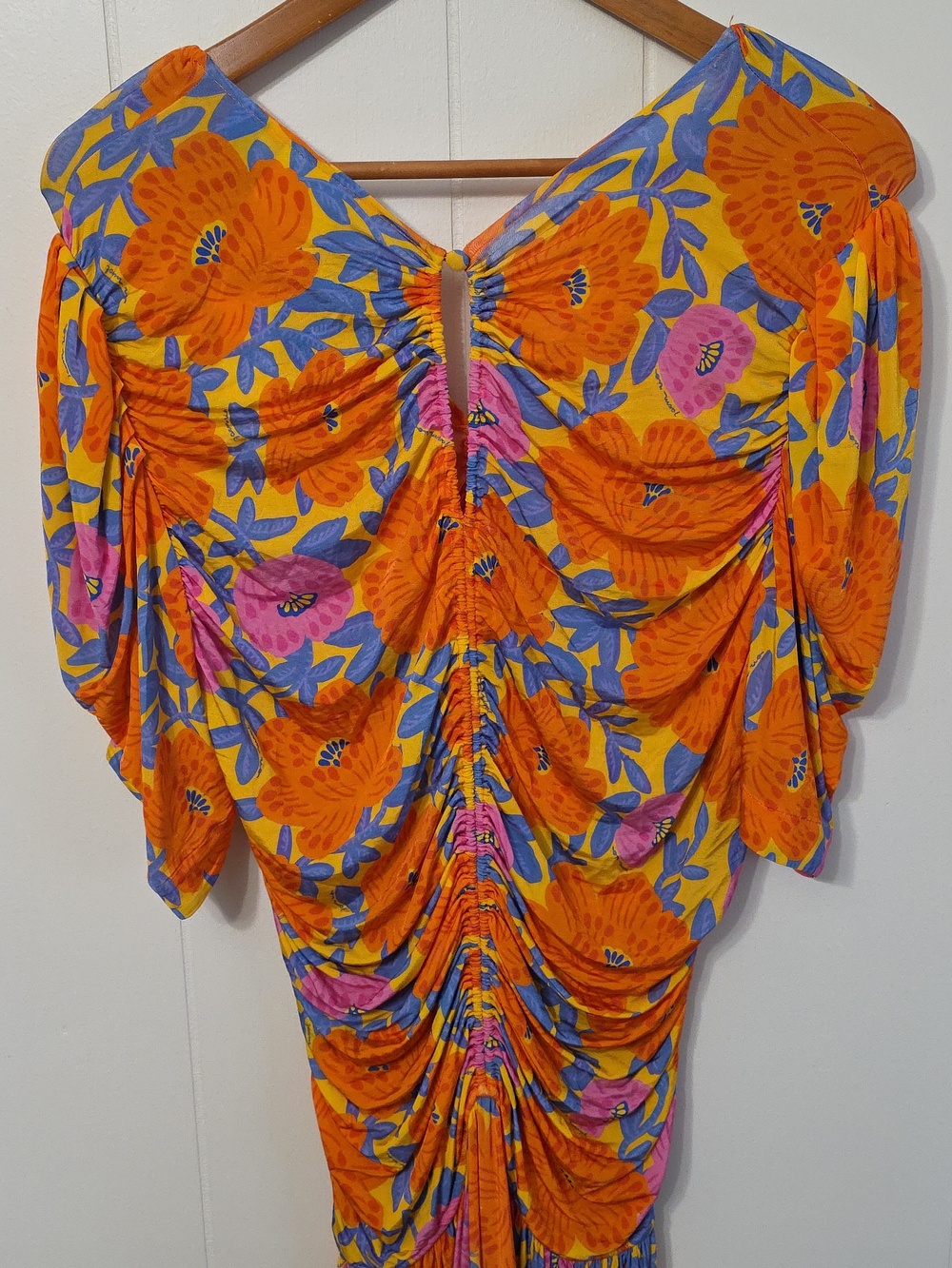 Farm Rio x Anthro Orange Pink Blue Floral Ruched Knit Maxi Dress Womens XL NEW! - Picture 6 of 13